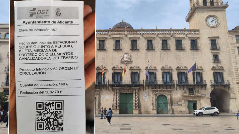 Facaden på rådhuset i Alicante og et eksempel på de falske bøder