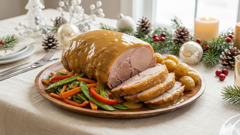 Cerdo asado a la mostaza con patatas